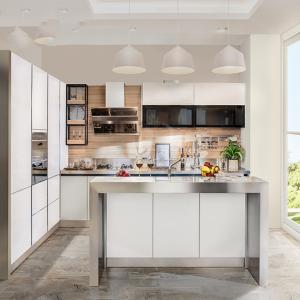 China High Gloss White Modern Glass Stainless Steel Modular Kitchen Cabinet wholesale