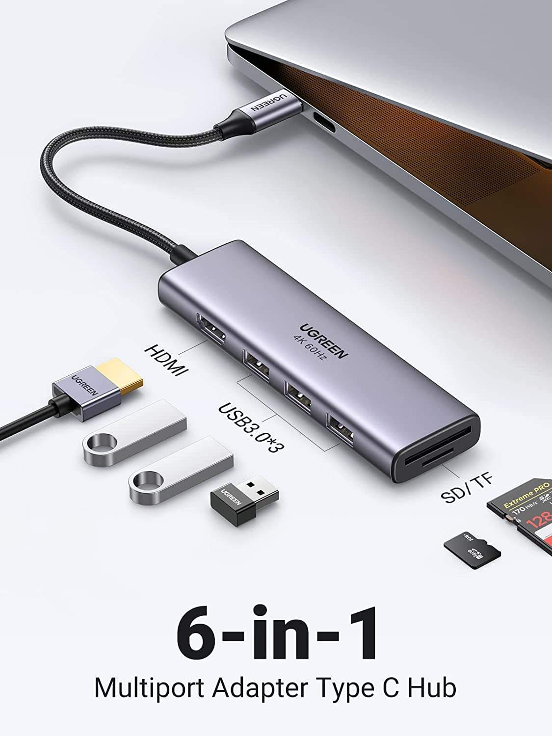 6-in-1USB C to USB Hub 4K@60Hz Adapter with 3 USB 3.0 Ports SD/TF Card Reader Multiport Dongle Type C Adapter