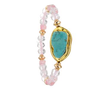 China White Transparent Faceted Beads Bracelet With Gold Plated Irregular Turquoise Stone wholesale