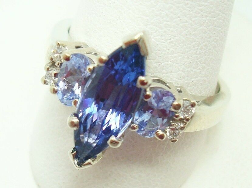 Three Tanzanite Boxed Wedding Ring With White 925 Set Sterling Silver