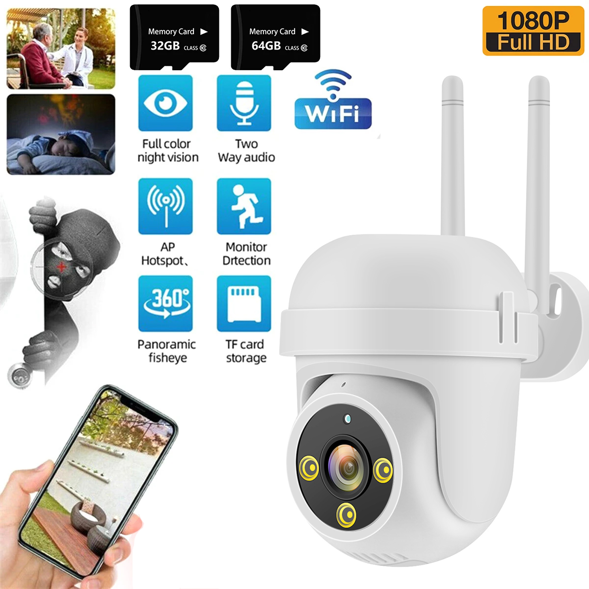Wireless HD 2MP Full Color Night Vision Robot Outdoor Ip Wifi Cctv PTZ Security Camera
