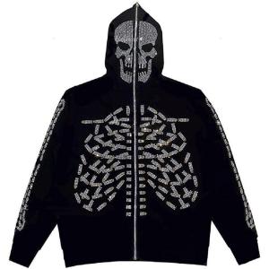 China 800 grams Hooded Zip Up Sweatshirt Men's Gothic Rhinestone Skull Graphic Print Jacket wholesale