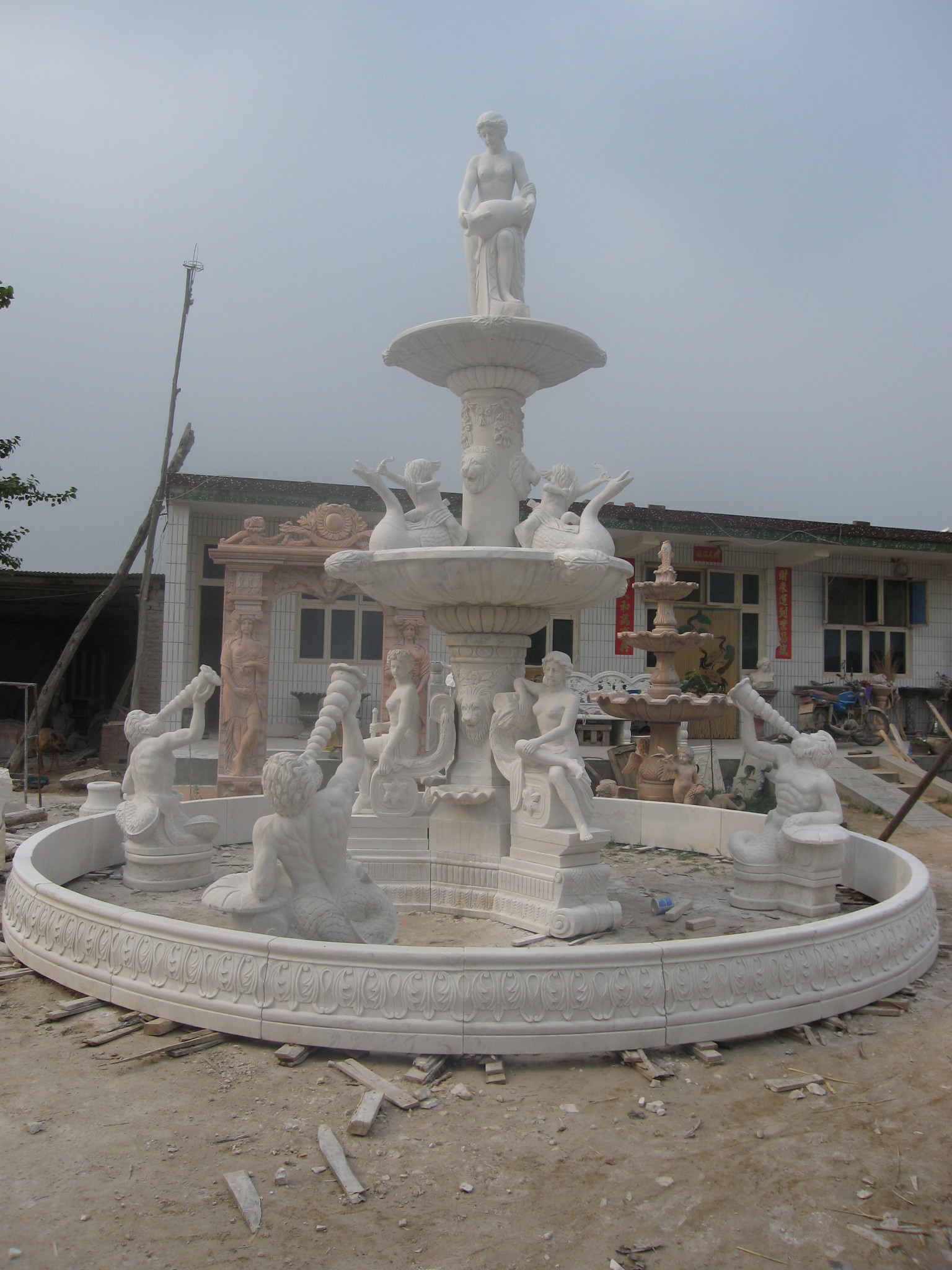 Pink Marble cherubs Statue Stone wall Fountain Outdoor