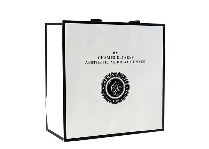 White Cardboard Custom Made Shopping Bags With Logo Matt Laminated Black Rribbion