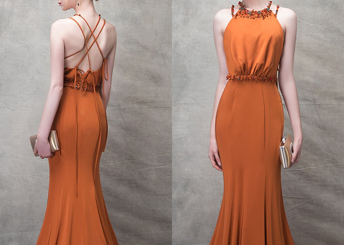 Orange Mermaid Ladies Party Wear Gown Long Tail Blue Beads Hanging Neck