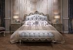French Style Blue Fabric Leather Headboard Hand Carved Luxury Antique Bed