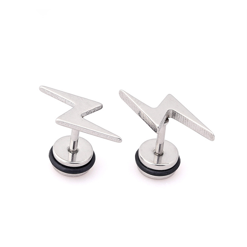 High Quality Vintage Punk Black Titanium Steel Earrings Cool Lightning Small Stud Earrings for Men and Women