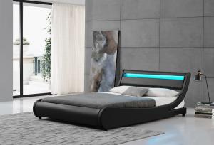 China Plywood LED Upholstered Bed Light Headboard PU Black Leather Double Bed Frame wholesale
