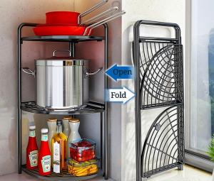 China Household Multilayer Metal Kitchen Rack Floor Pot Foldable Corner Shelf wholesale