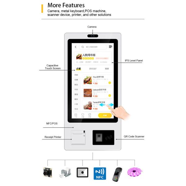 23.6-inch 24-hour Unmanned Self-service Ordering Machine Supports QR Code and Card Payment and Comes with a Receipt Printer.