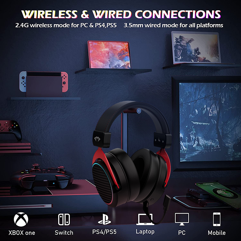 IPX3 Waterproof 2.4G Wireless Gaming Headset For PS5 PS4 PC LED Noise Cancelling