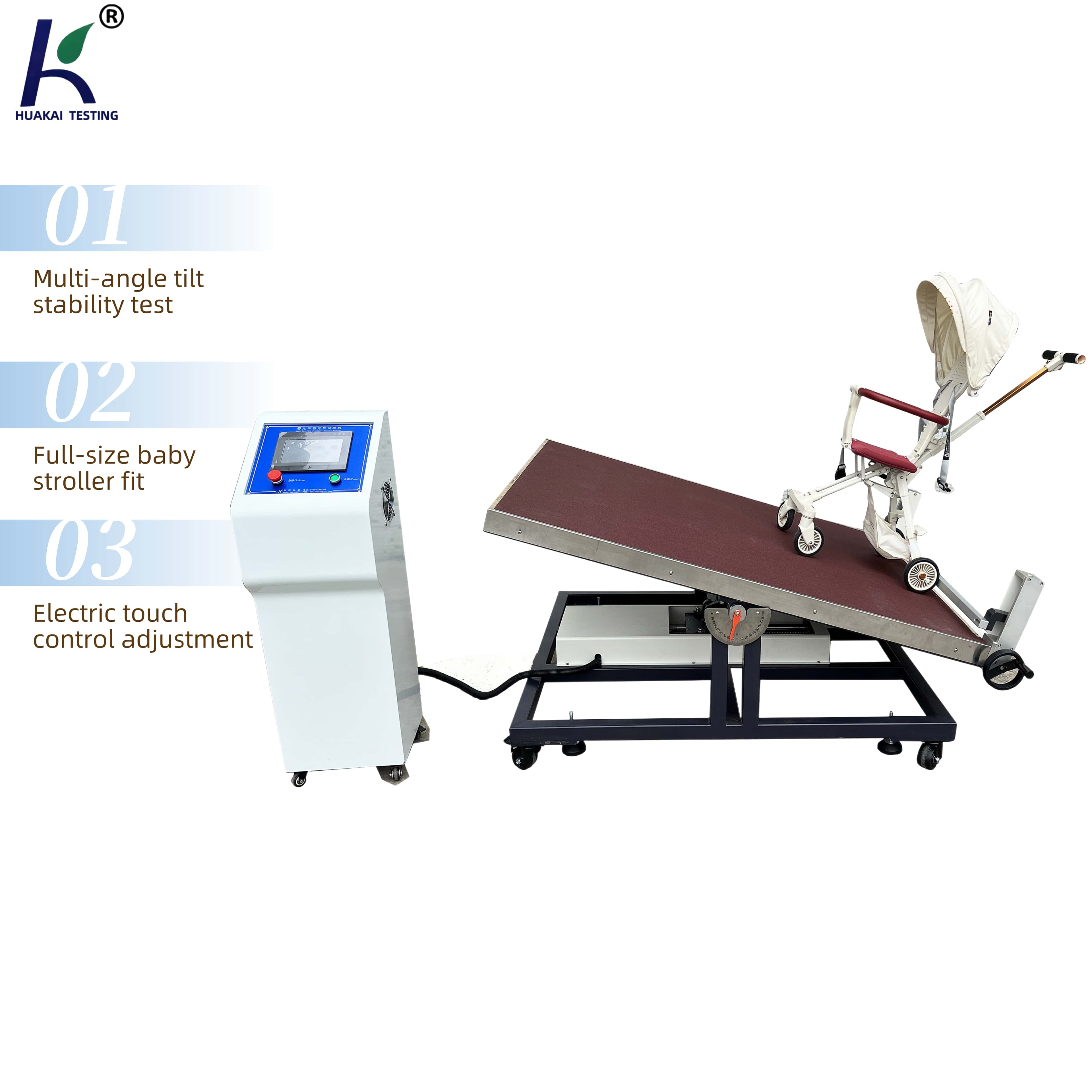 Electrically Adjustable Tilt Stability Test Bench for Baby Strollers ISO Compliant Baby Stroller Stability & Durability Tester