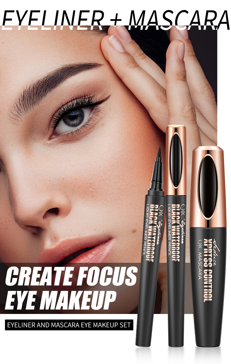 Wholesale QIC Mascara and Eyeliner Set 4D Fiber Waterproof Private Label MSDS Mascara Liquid Eyeliner 2 in 1 Eye Makeup