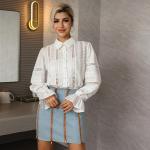 Longn Sleeved High Neck Flared Blouse Chic White High Waisted Lace Tops With
