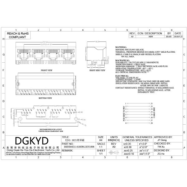 1X4 Ethernet shielded connector RJ45 female socket horizontal interface DGKYD56211418GWA1D2Y1006