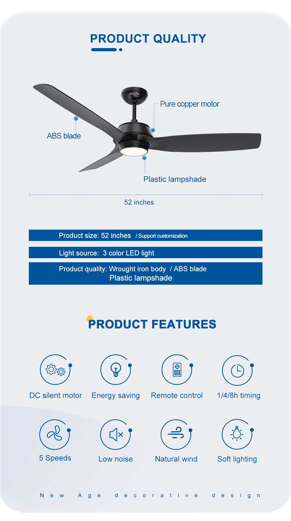 DC Motor 52 Inches Remote Control LED Ceiling Fan Light in Black ABS Blades and Remote