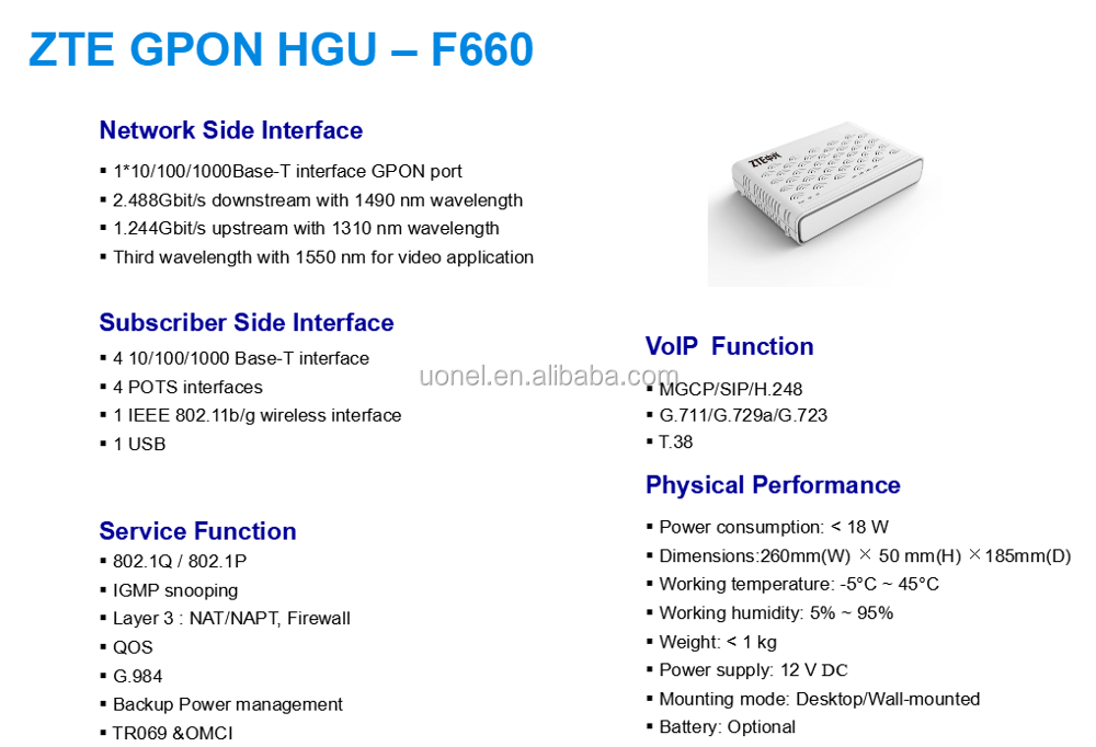 intelligent home network access for VoIP, Internet, DHCP DNS IPTV ZTE ONU F660