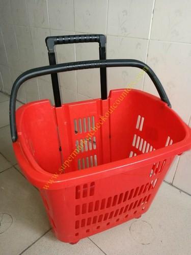 Durable Plastic Folding Red Shopping Hand Basket With Wheels / Trolley Basket