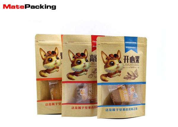 Kraft Paper Food Packaging Pouches , Stand Up Snack Zipper Paper Pouch With