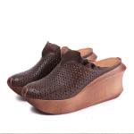 S464 Leather Casual Ethnic Style Sandals Retro Hollow Sponge Cake Wedges With
