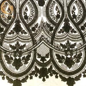 China Customized Black 3D Beaded Lace Mesh Crystal Embroidery Tulle Fabric wholesale