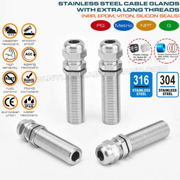 Long Thread Cable Glands IP68, Stainless Steel EN 1.4404/1.4401/1.4301, Metric