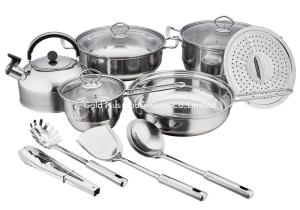 China 14pcs Gourmet kitchen carefully selected whistling kettle milk boiler and steamer stainless steel hot pot and frying pan wholesale