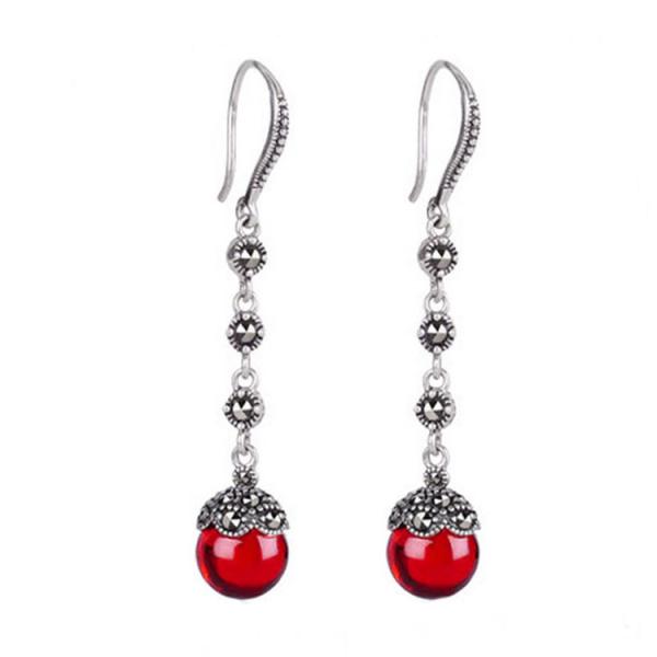 Antique Thai Silver Jewelry Sterling Silver Red Garnet Marcasite Drop Dangle