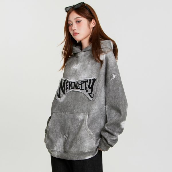 Support Customization Winter High Street Stickers Graffiti Dirt Stains Denim Oversized Hoodies Men's 3D Embroidery Heavy-duty
