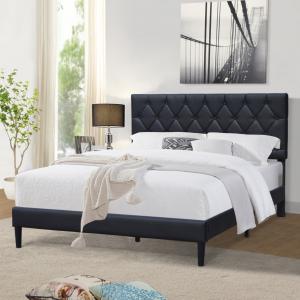 China Twin Size Upholstered Bed Frame Black Leather Adjustable Headboard Tufted Buttons wholesale