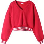 Fashion Women'S Drop Shoulder Sweatshirt , V Neck Crop Top Pullover Red Black