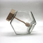 Empty Hexagon Glass Honey Jar Pot Jar 12oz Capacity Wooden Bamboo Dripper