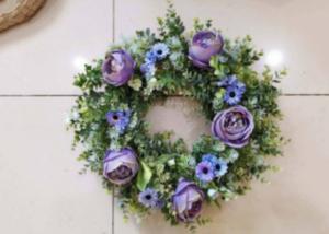 China Artificial 55cm Purple Blue Rose Chrysanthemum Wreath With Green Leaves wholesale