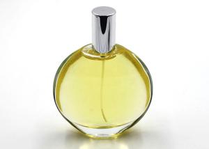 China 100ml Refillable Cosmetic Glass Bottles , Flat Round Empty Perfume Bottles wholesale