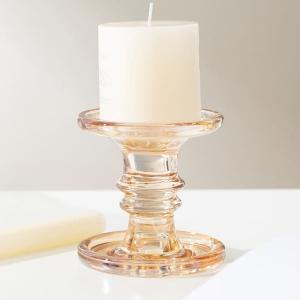 China Electroplate Gold Pillar Color Glass Candle Holder Machine Pressed 11.2cm Height wholesale