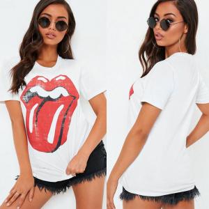 China White Rolling Stones Licked Graphic T Shirt Women Clothing wholesale