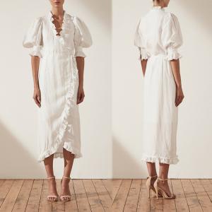 China Linen Puff Sleeve Wrap Midi Elegant Dress Cotton Ladies wholesale
