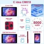 C idea 8 inch Android 12 Tablet 8GB RAM 512GB ROM 8000mAh Battery 5+8MP Camera