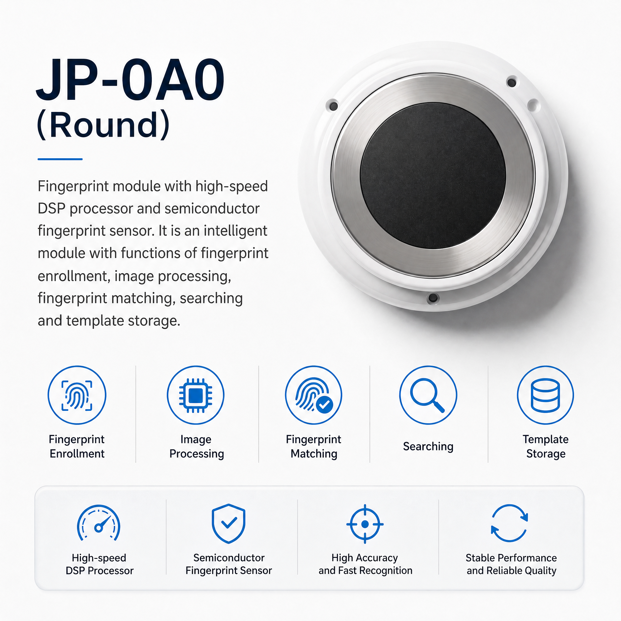 JP-0A02 Press Type Capacitive Fingerprint Sensor Module 192×192 Pixel 508DPI USB UART Interface 500 Fingerprint Storage for Access Control Lock