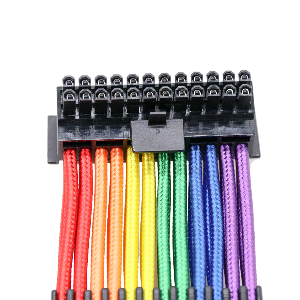 1*24Pin Male to 24pin Female ATX Braided Sleeved Power Supply Extension Cable 18AWG Rainbow Color