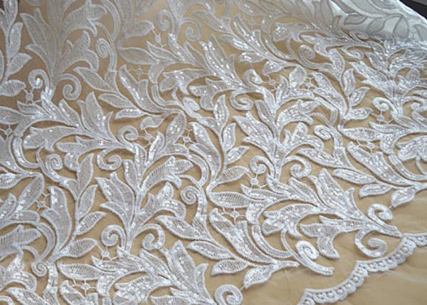 Quality Scalloped Edge White Sequin Mesh Fabric For Party Gown Rich Leaves Design for sale