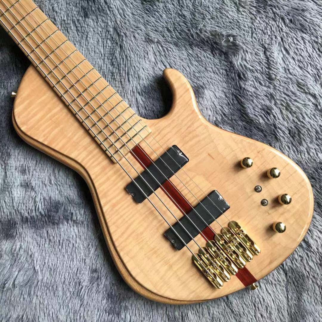 Custom Flamed Maple Top Neck Through Body 6 Strings 24 Frets Active Pickup Electric Bass Guitar