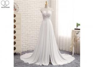 China High Slit A Line Bridal Gowns / Cream Colour Wedding Gown Open Back Pleated Tail wholesale