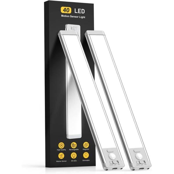 Under Cabinet Lighting,40 LED Rechargeable Battery Operated Motion Sensor Light Indoor Magnetic Dimmable Closet Lights, Wireless Under Counter Lights