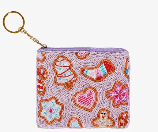 Ricki Beaded Coin Bag with Front and Back Beadwork Secure Zip Closure and Gold Tone Key Ring for Convenient Coin Storage