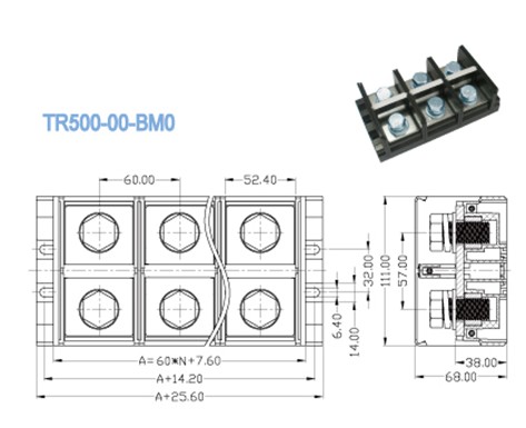 60.00mm 600V 500A Barrier Panel Mount Terminal Block With Right Angle Wire Inlet