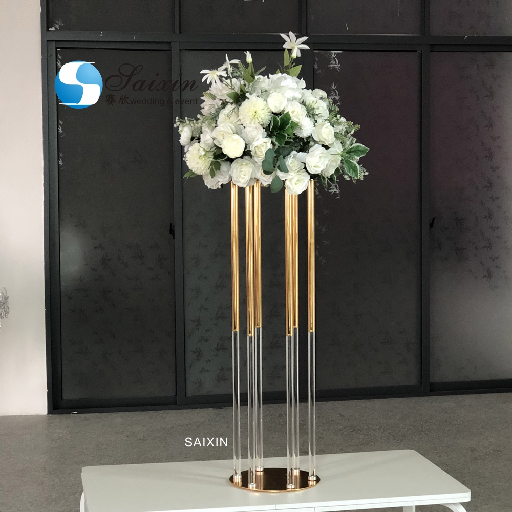 130CM 6 Pole Unique Flower Stand Acrylic Crystal Gold Glass Table Centerpieces