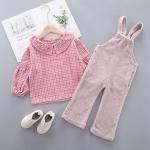 Girls Outfit Sets Bubble Sleeve Shirt Shoulder Band Lapel Pink Denim Overalls