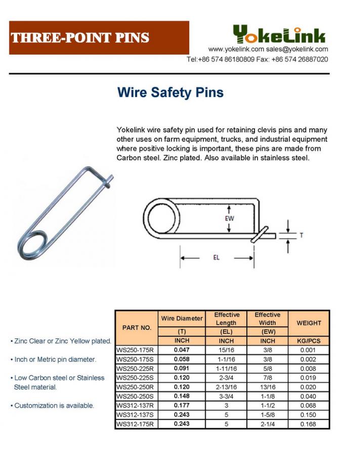 Spring Wire Coiled Tension Safety Pin, Diaper Pin Zinc Finish Safety Pin Wire