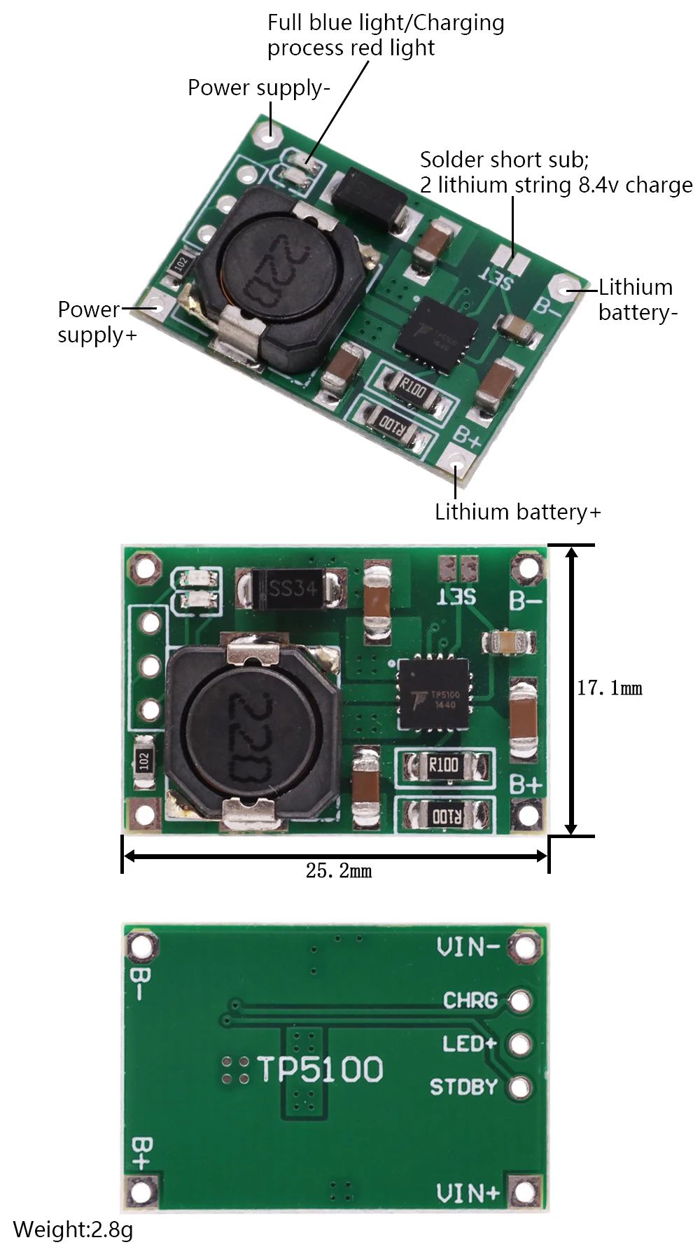 TP5100 TP5000 Charging Management Power Supply Module Board 18650 1A 2A 5V Compatible With 4.2V 8.4V 1S 2S Lithium Batteries